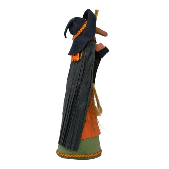 Vintage Halloween Witch Figurine w/ Broom Black Crepe Paper & Felt German Style - Picture 4 of 10
